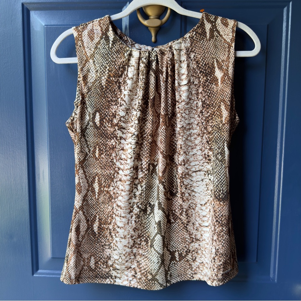 Calvin Klein euc {small} snake print sleeveless blouse with pleated neckline
